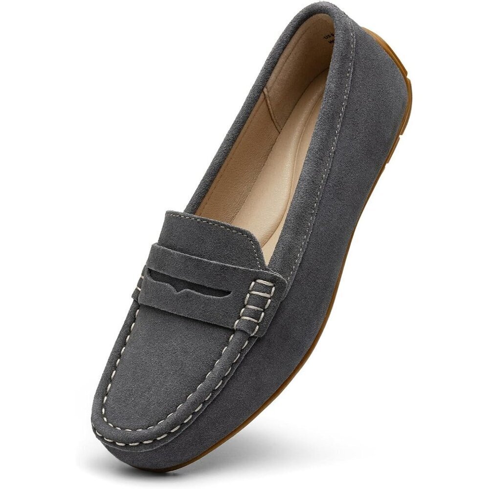 Kordal Women Grey Suede Gold Accent Buckle Slip-Ons Walking Flats Loafers